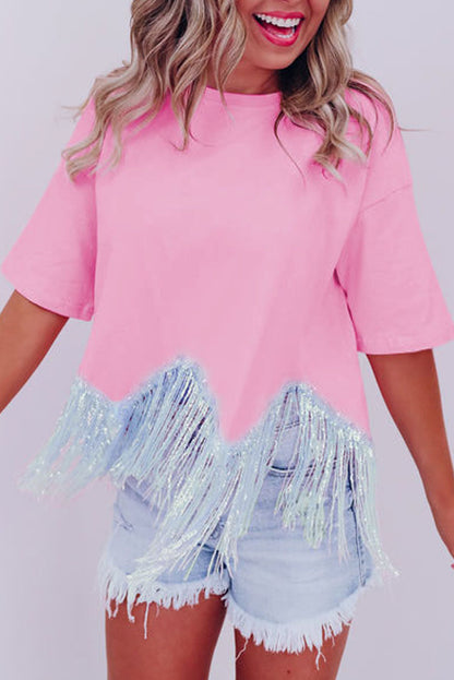 Fringed Sequin Crop T-Shirt | Pink