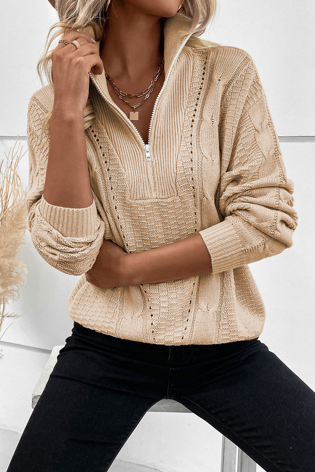 Zipped Stand Collar Cable Knit Sweater | Apricot