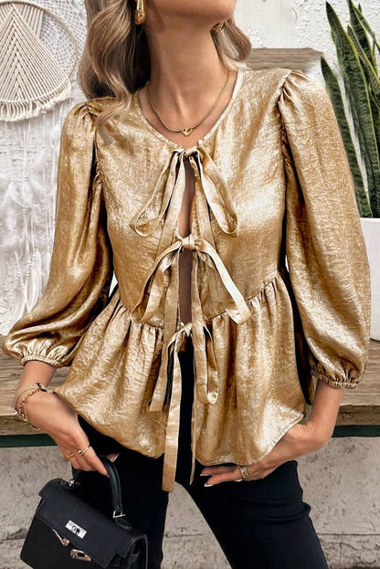 Bow Tie Front Puff 3/4 Sleeve Ruffle Hem Blouse | Gold