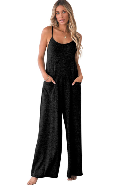 Patch Pockets Spaghetti Strap Wide Leg Jumpsuit | Black