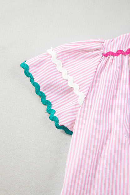 Ricrac Trim Split Neck Striped Ruffled Sleeve Blouse | Pink Stripe