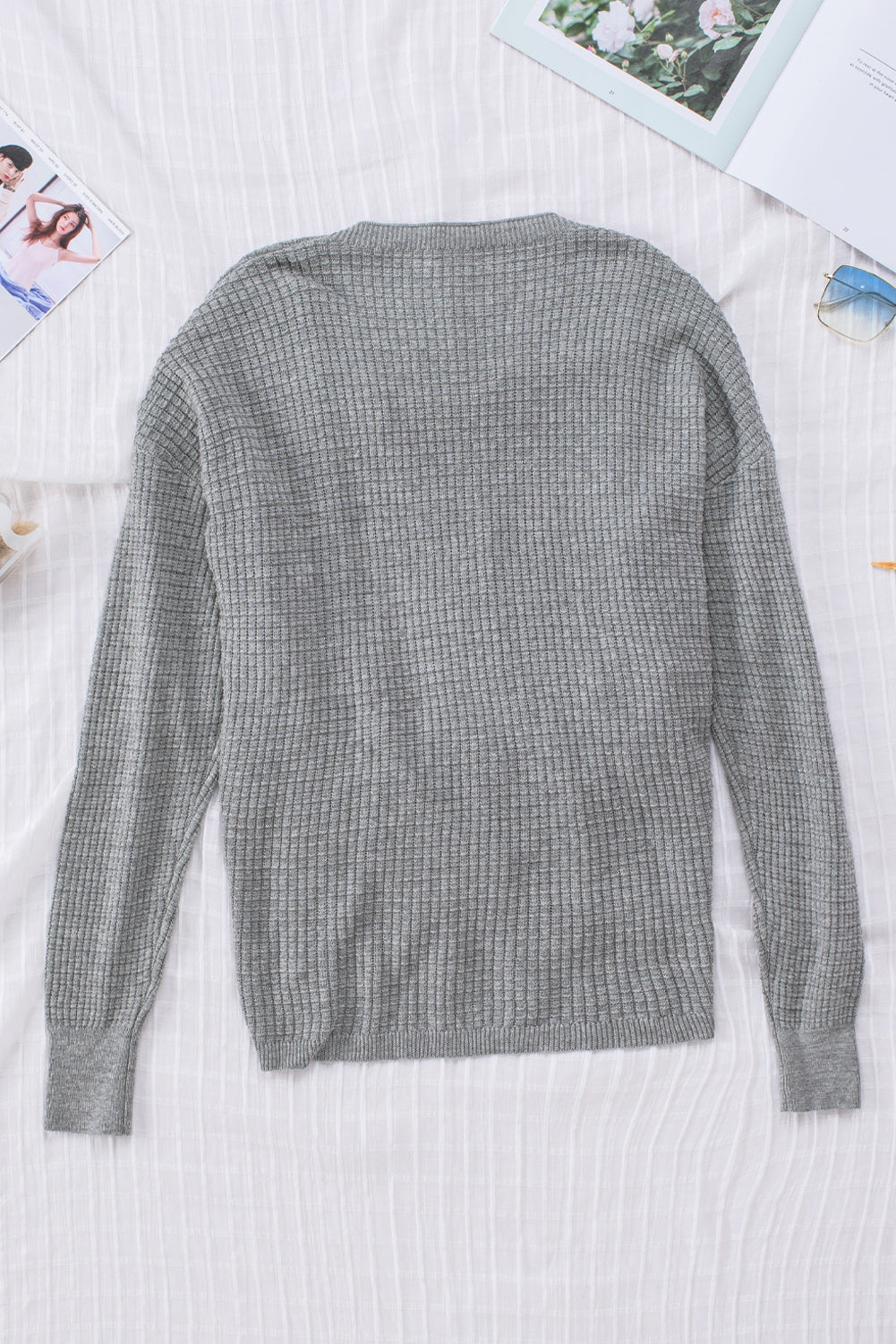 Wrap V Neck Waffle Sweater | Gray