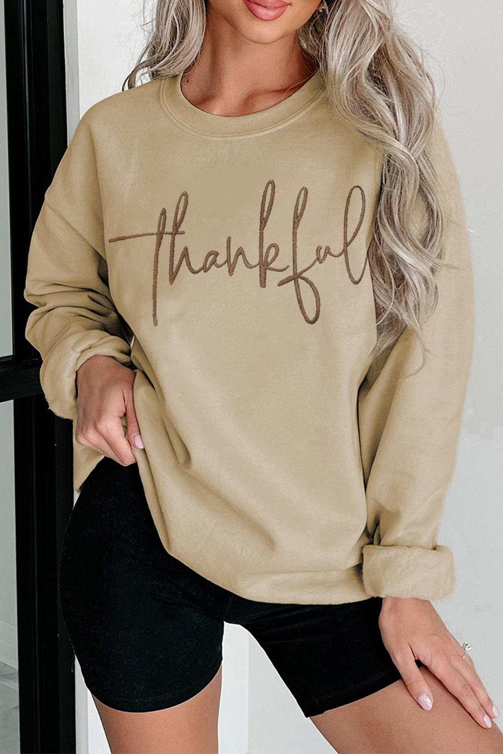 Thankful Embroidered Drop Shoulder Pullover Sweatshirt | Parchment