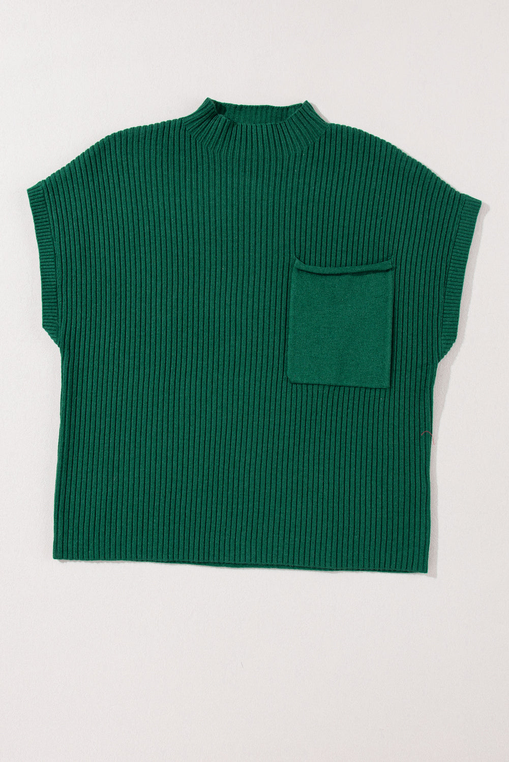 Patch Pocket Ribbed Knit Short Sleeve Sweater | Blackish Green