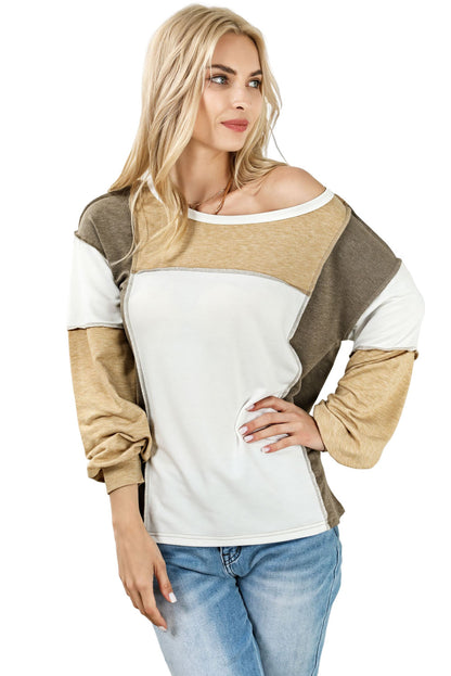 Exposed Seam Colour Block Patchwork Top | Khaki