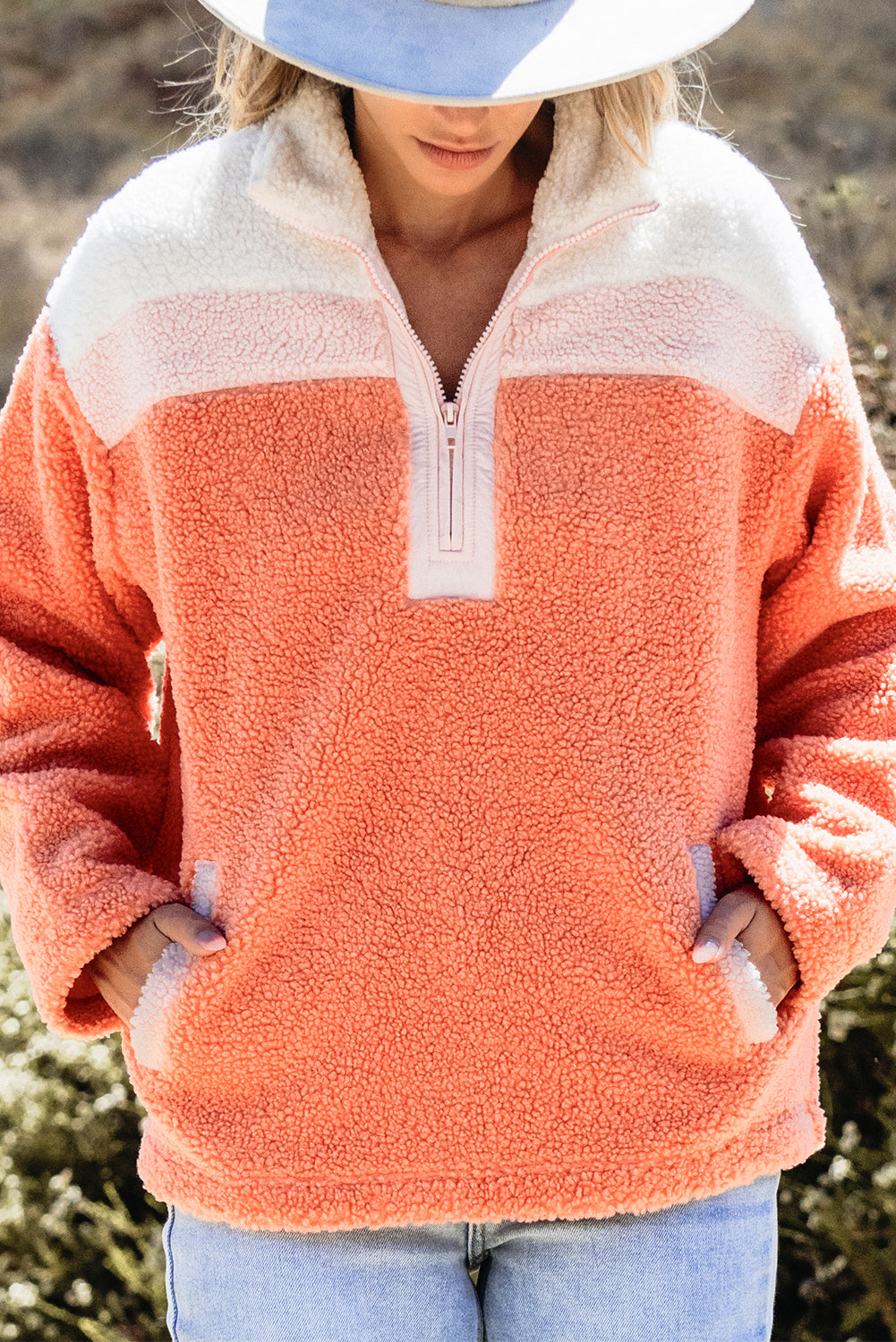 Colourblock Half Zipper Stand Neck Sherpa Sweatshirt | Orange