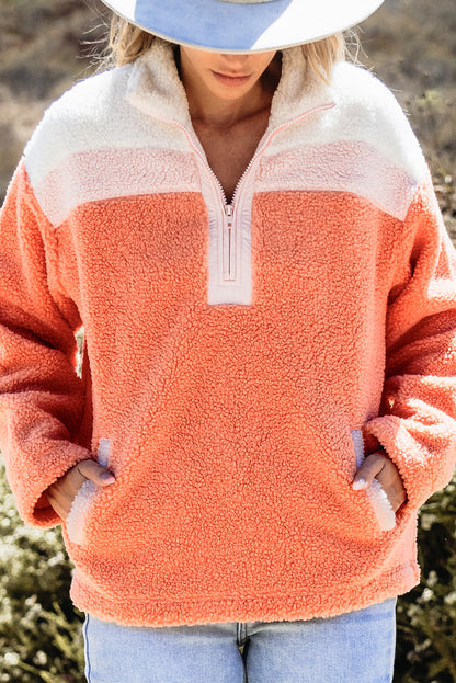 Colourblock Half Zipper Stand Neck Sherpa Sweatshirt | Orange