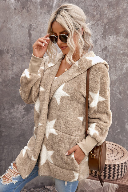 Lapel Collar Scatter Star Fuzzy Coat | Khaki