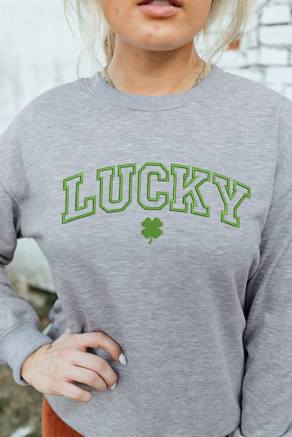 Lucky Clover Embroidered Pullover Sweatshirt | Gray