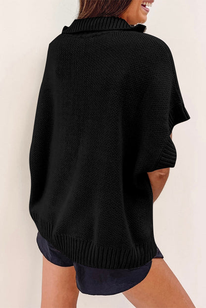 Quarter Zip Short Batwing Sleeve Sweater | Black