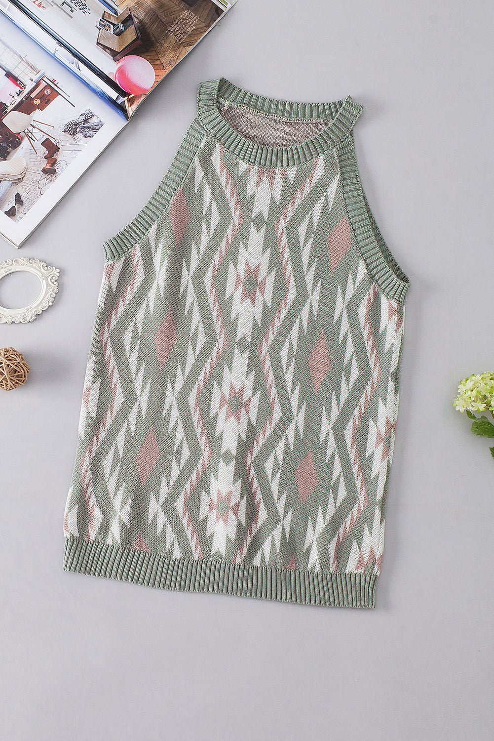 Western Tribal Aztec Pattern Knit Sweater Tank | Laurel Green