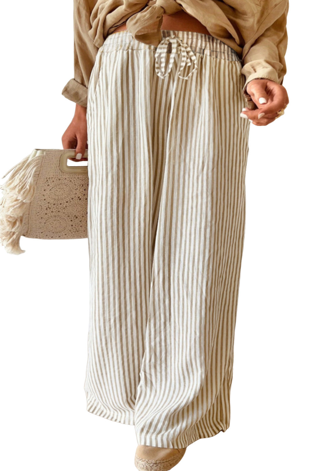 Plus Size Drawstring High Waist Wide Leg Pants | Khaki Stripe