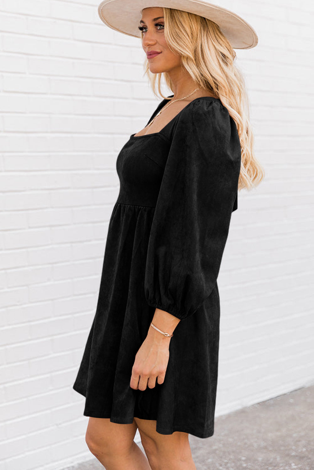 Suede Square Neck Puff Sleeve Dress | Black