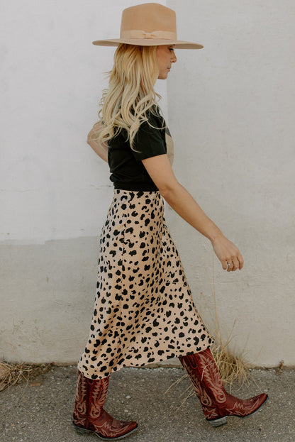 Leopard Spots Printed Split Hem Midi Skirt | Khaki