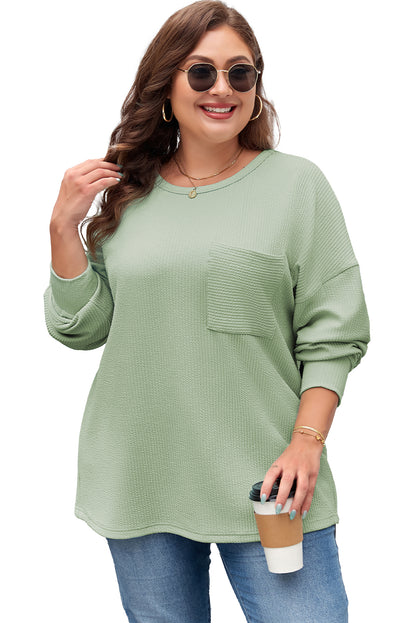 Plus Size Corded Knit Pocketed Crew Neck Top | Clearly Aqua