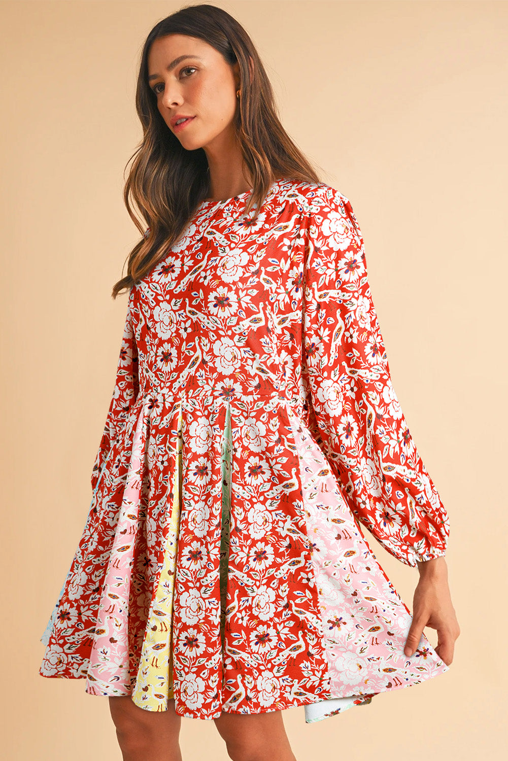 Colourful Floral Patchwork Long Sleeve Pleated Mini Dress | Red