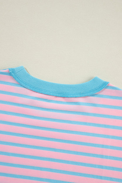 Contrast Trim High Low Pullover Tunic Sweatshirt | Pink Stripe