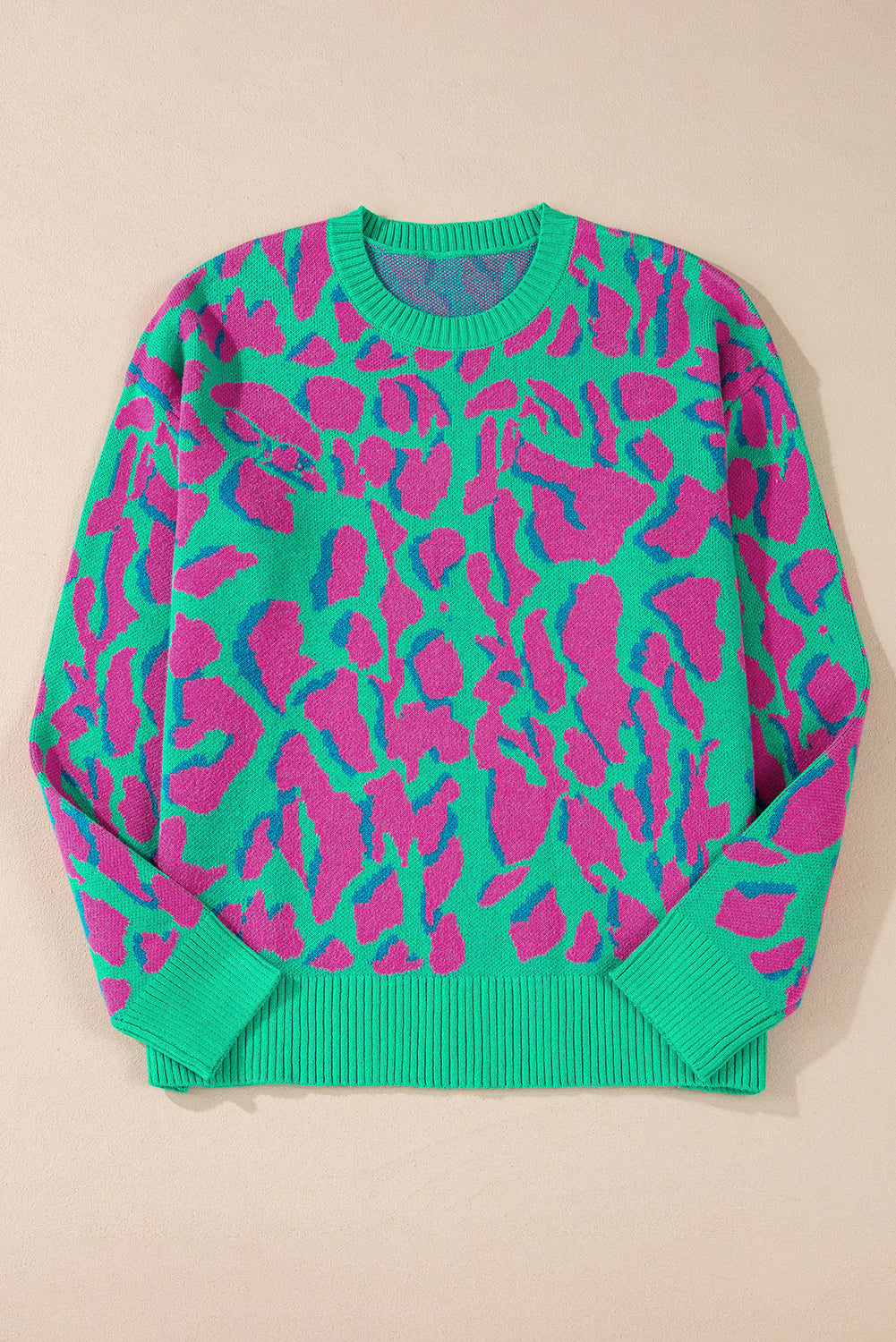 Abstract Print Ribbed Trim Baggy Sweater | Green