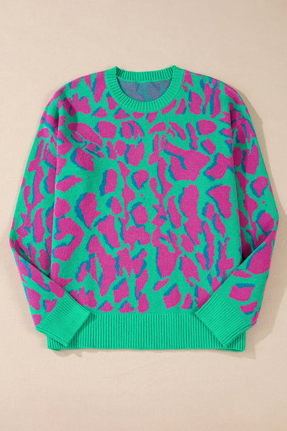 Abstract Print Ribbed Trim Baggy Sweater | Green