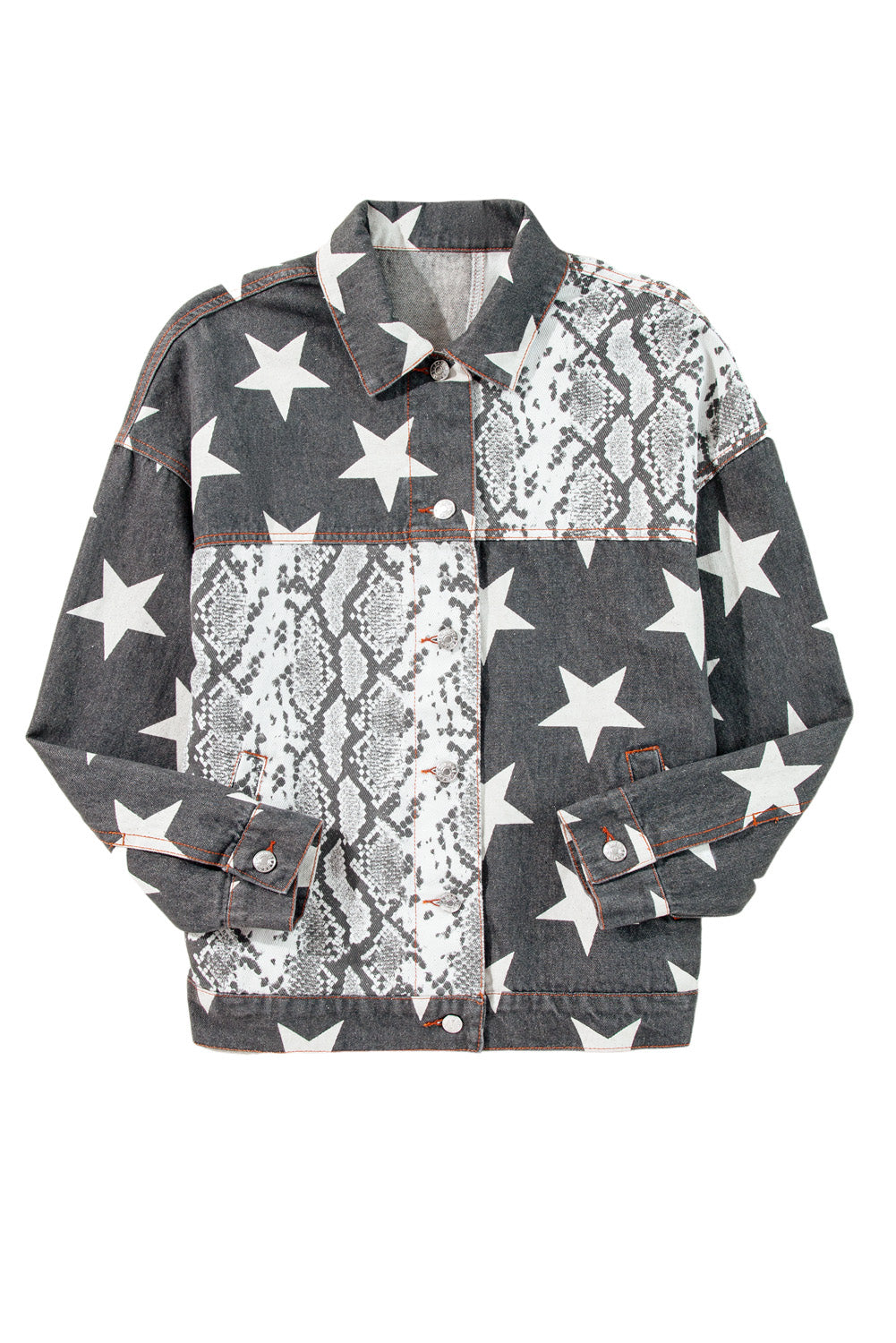 Star Snakeskin Printed Patchwork Denim Jacket | Black