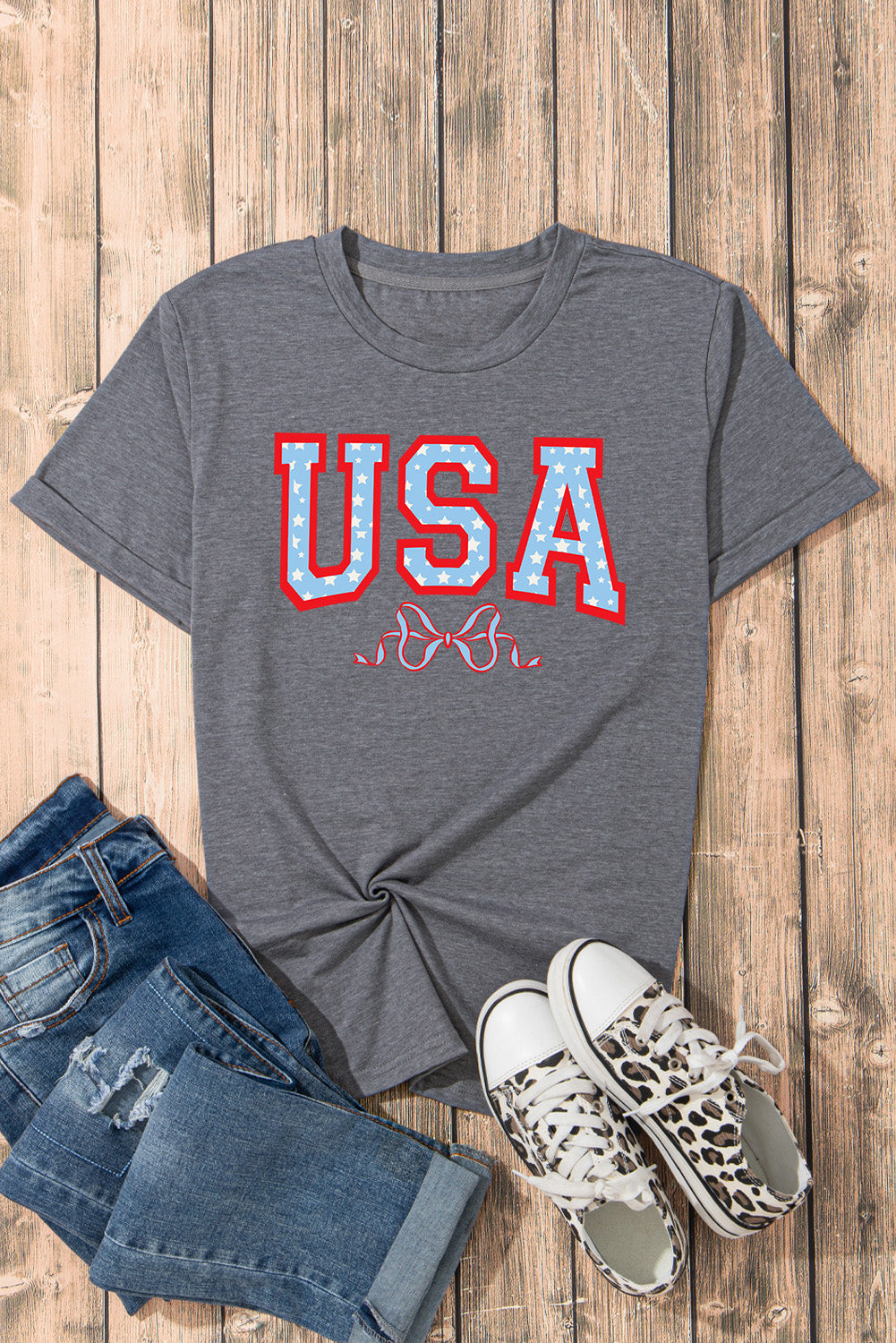 Usa Star Bow Knot Print Crew Neck T Shirt | Gray