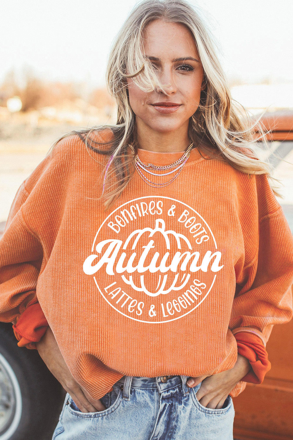 Autumn Pumpkin Graphic Print Corded Oversized Sweatshirt | Orange