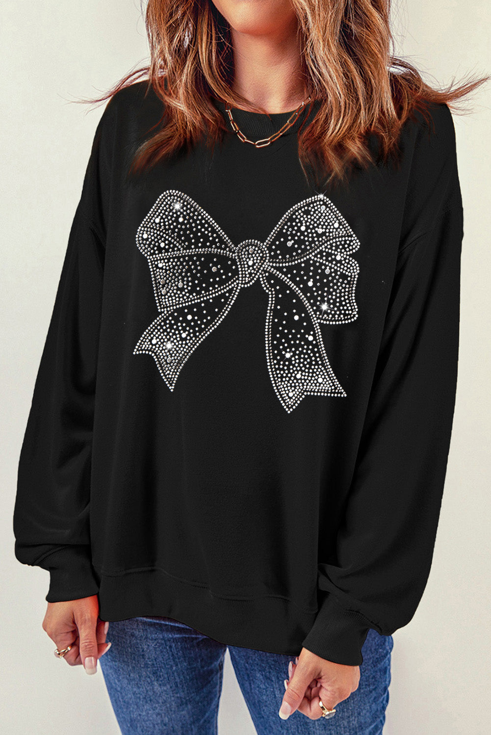 Rhinestone Bowknot Graphic Crewneck Pullover Sweatshirt | Black