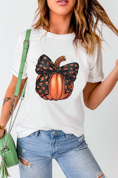 Halloween Bowknot Pumpkin Graphic Crewneck T Shirt | White