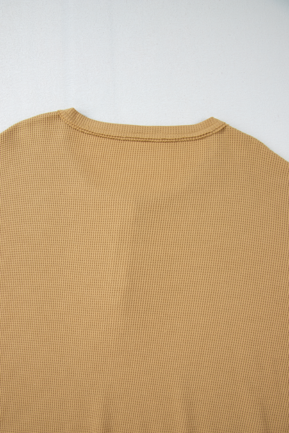 Textured Knit Half Button Drop Shoulder Oversized Top | Camel