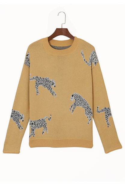 Fuzzy Cheetah Accent Round Neck Sweater | Camel