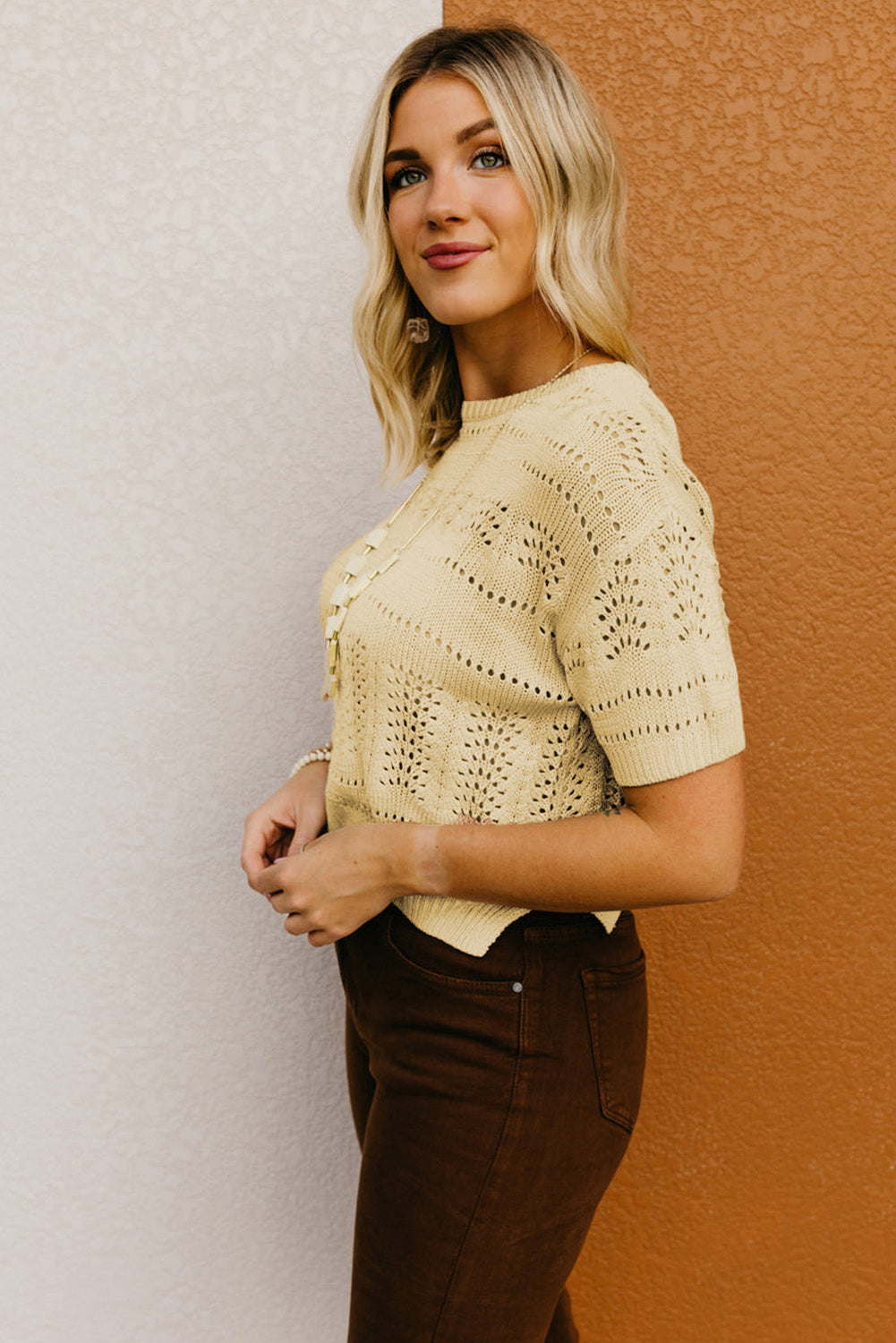 Knitted Hollow Out Short Sleeve Crop Sweater | Beige