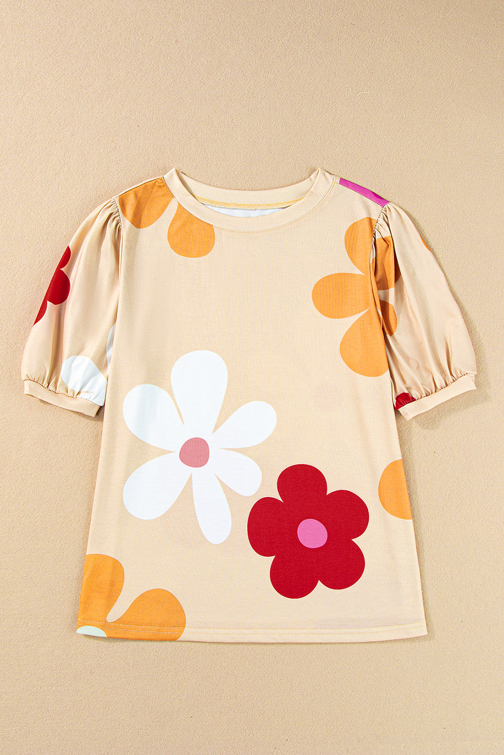 Flower Print Bubble Sleeve Tee | Apricot