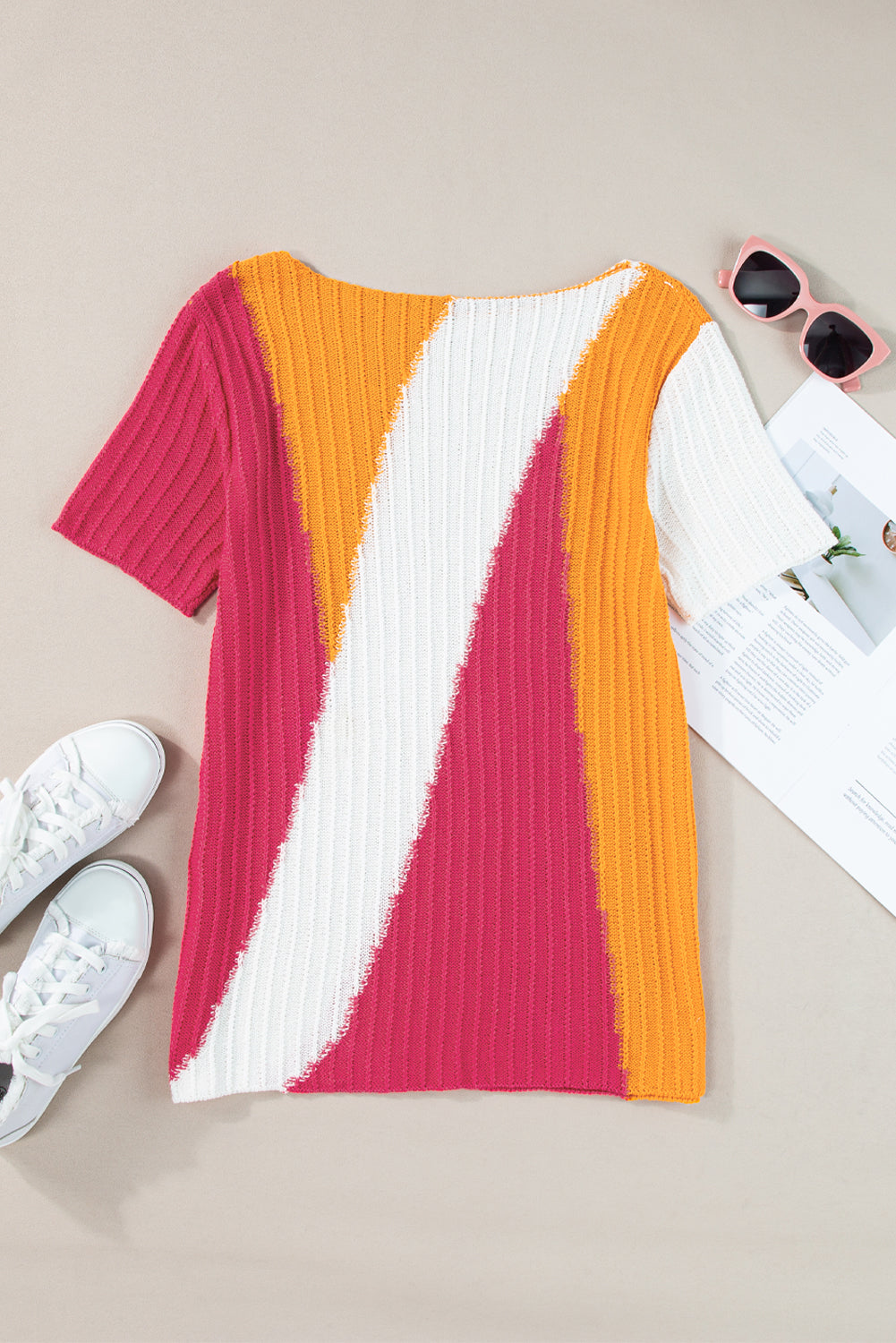 Textured Knit Colourblock Short Sleeve Sweater | Orange