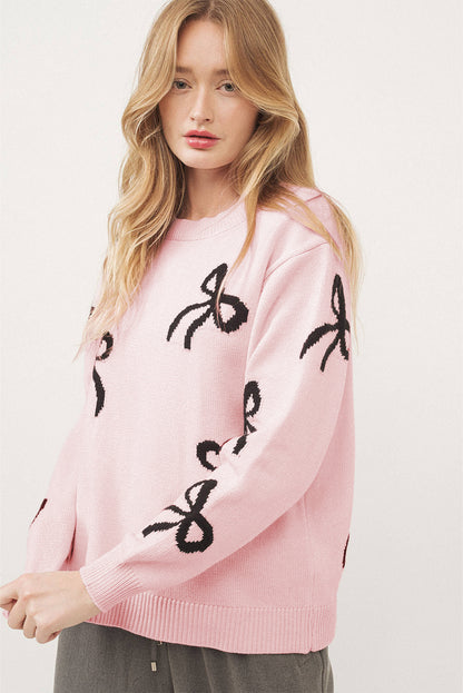 Bow Pattern Knitted Loose Fit Sweater | Light Pink