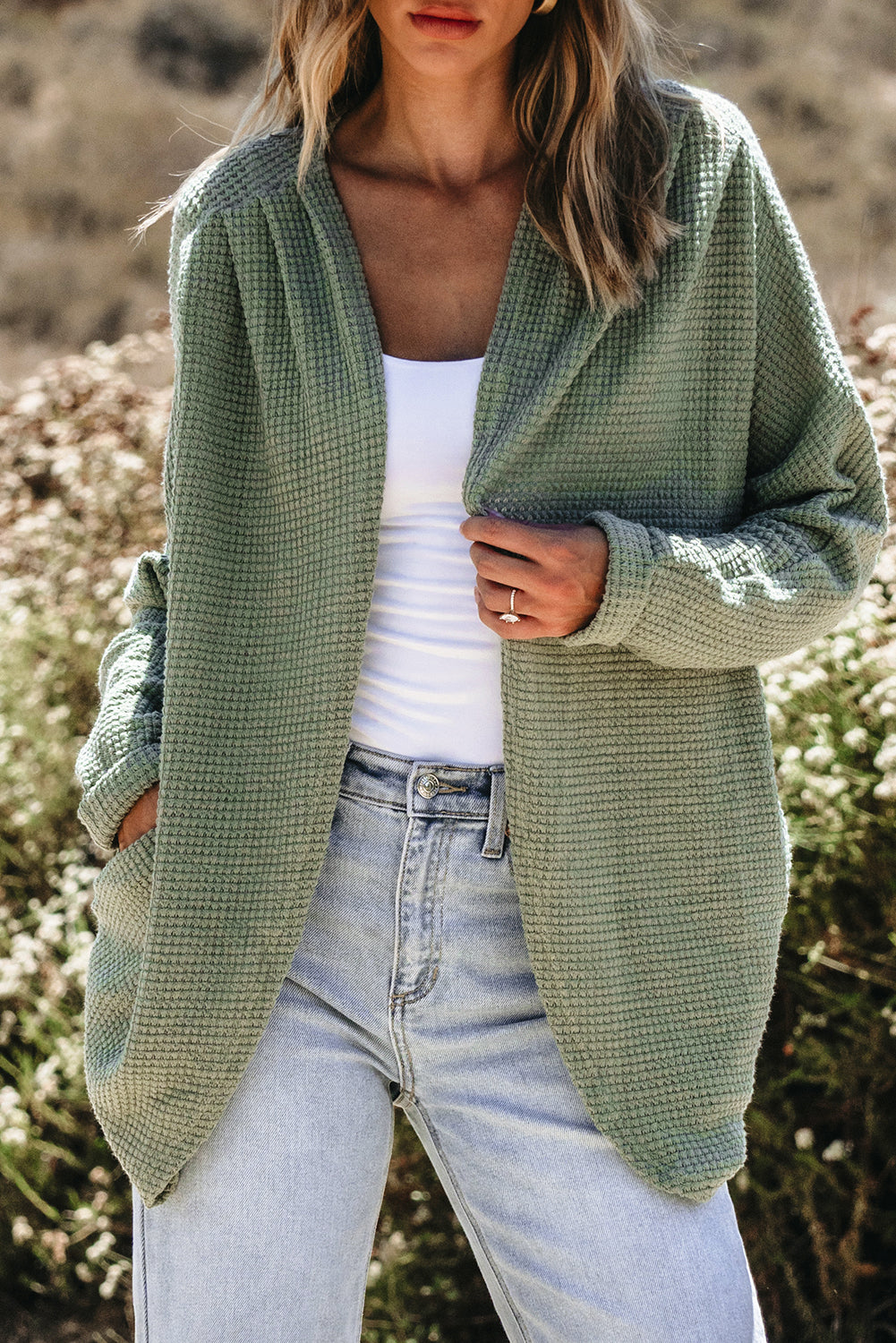 Waffle Knit Open Front Cardigan | Laurel Green