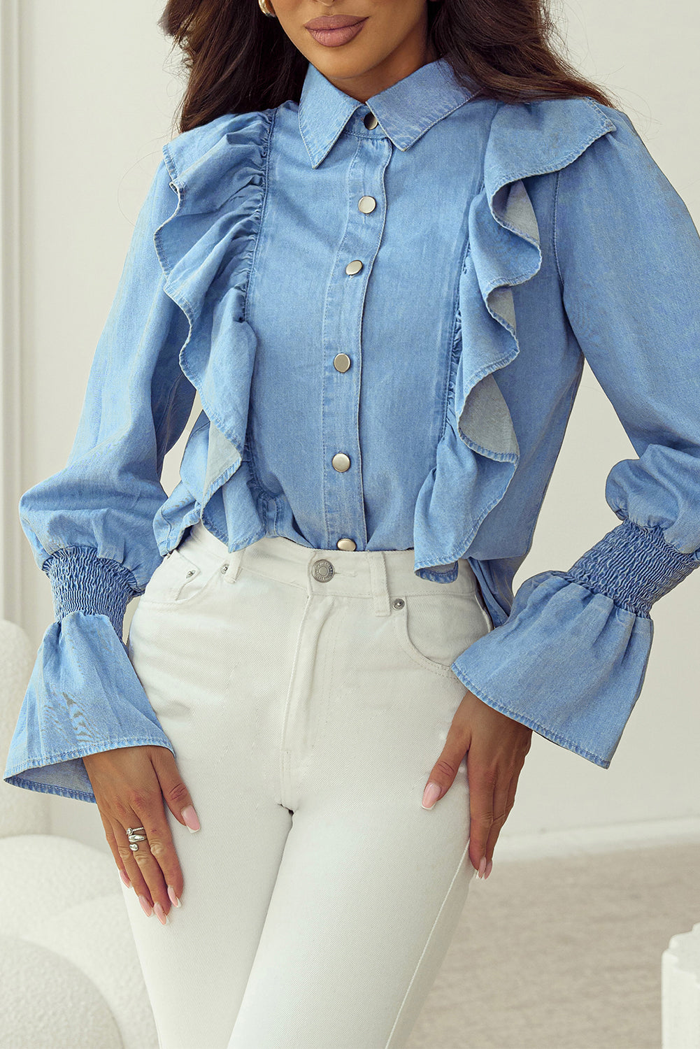 Ruffled Shirred Cuffs Button Up Chambray Shirt | Myosotis