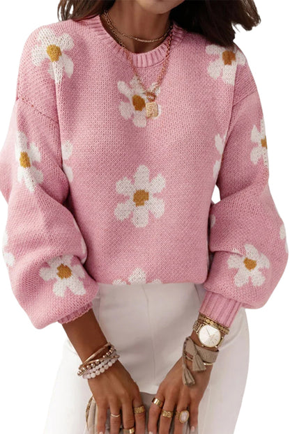 Floral Pattern Drop Shoulder Sweater | Pink