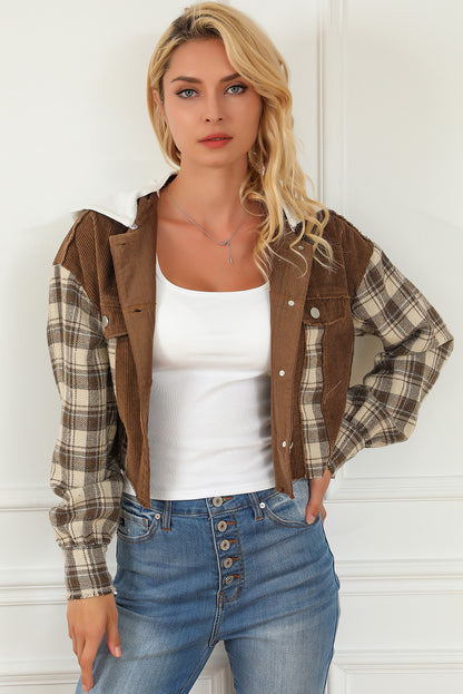 Plaid Patchwork Distressed Hooded Cropped Jacket | Brown