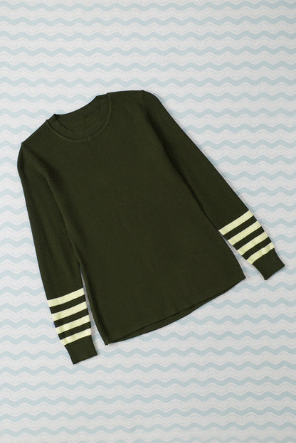 Striped Sleeve Plain Knit Sweater | Green