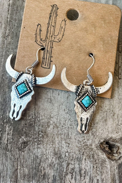 Turquoise Bull Head Western Fashion Earrings | Silver