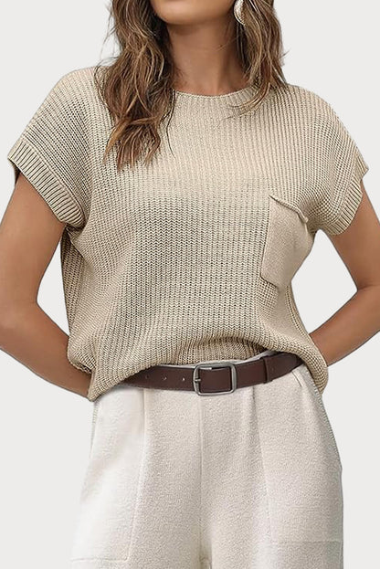 Patch Pocket Short Sleeve Sweater | Pale Khaki