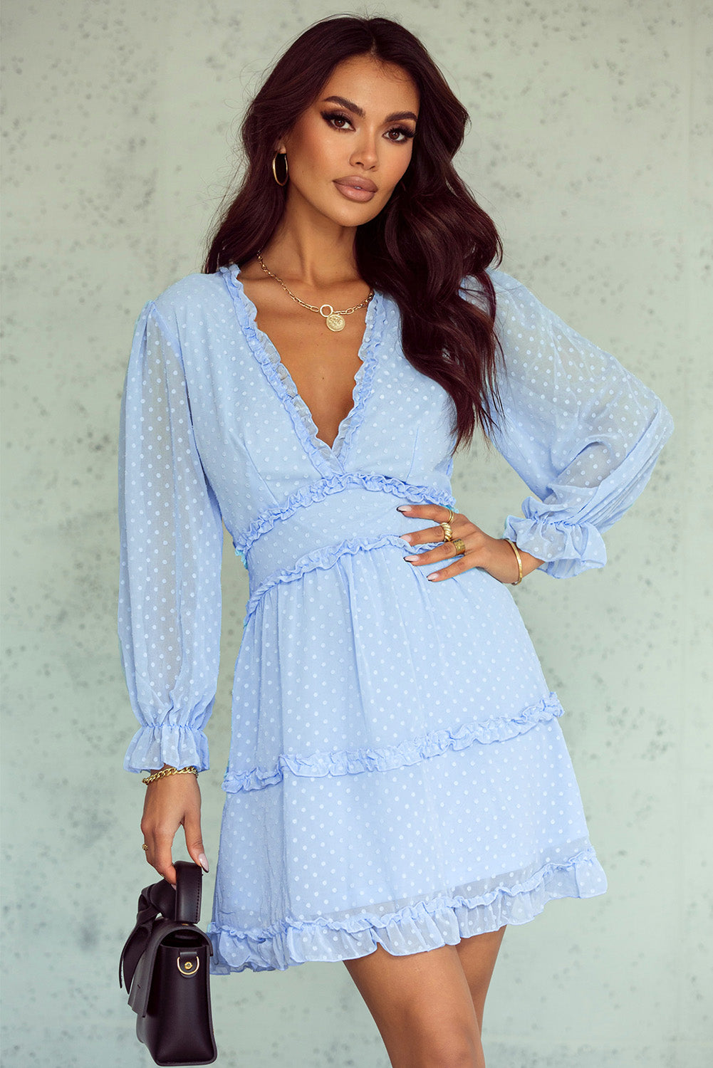 Sky Blue Layered Ruffled Open Back Puff Sleeve Swiss Dot Mini Dress