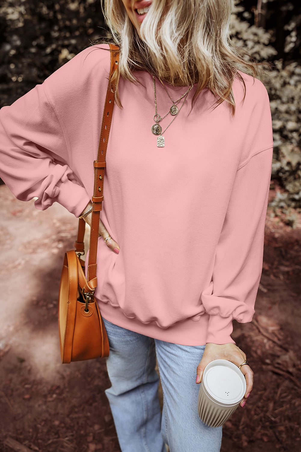 Loose Drop Shoulder Ribbed Sweatshirt | Pink