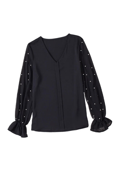 Pearl Mesh Flounce Sleeve V Neck Blouse | Black