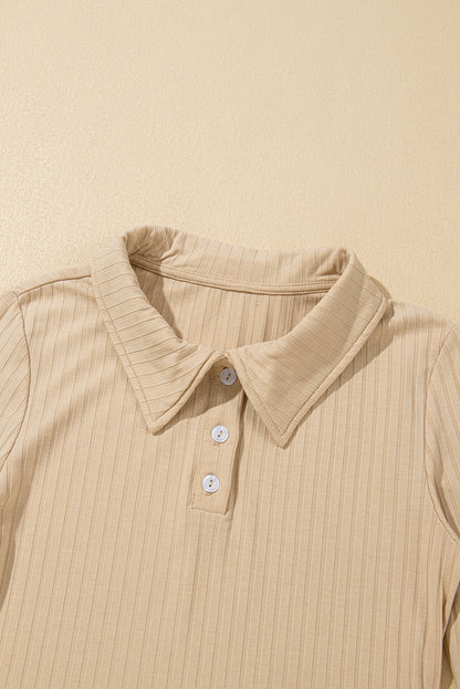 Ribbed Buttoned Collar Long Sleeve Slim Fit Top | Beige