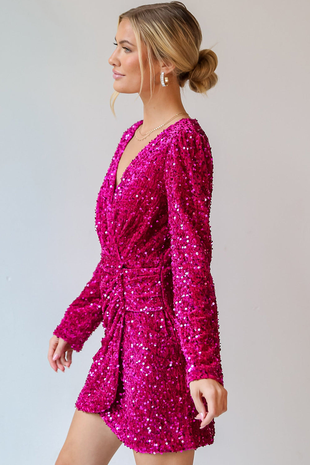 Velvet Sequin Long Sleeve V Neck Wrapped Mini Dress | Pitaya Pink