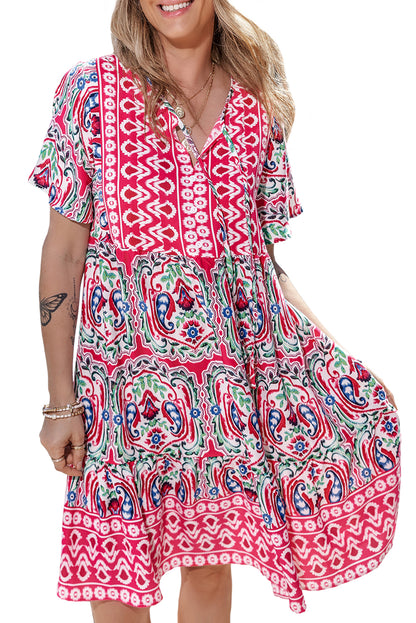 Bohemian Print Tie Neck Ruffle Hem Short Dress | Pink