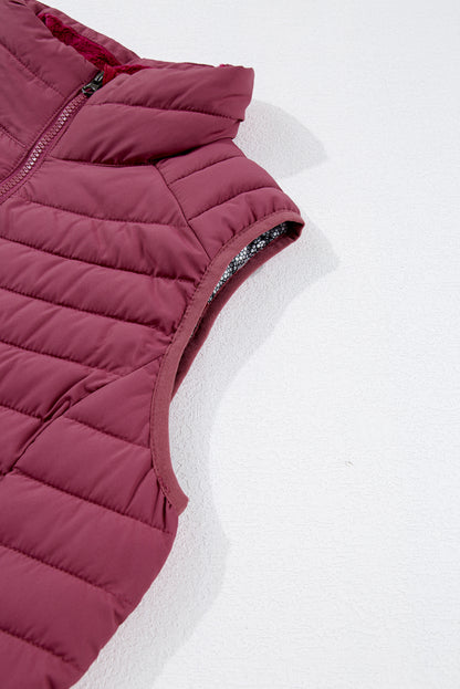 Plush Collared Quilted Zipped Puffer Vest | Burgundy