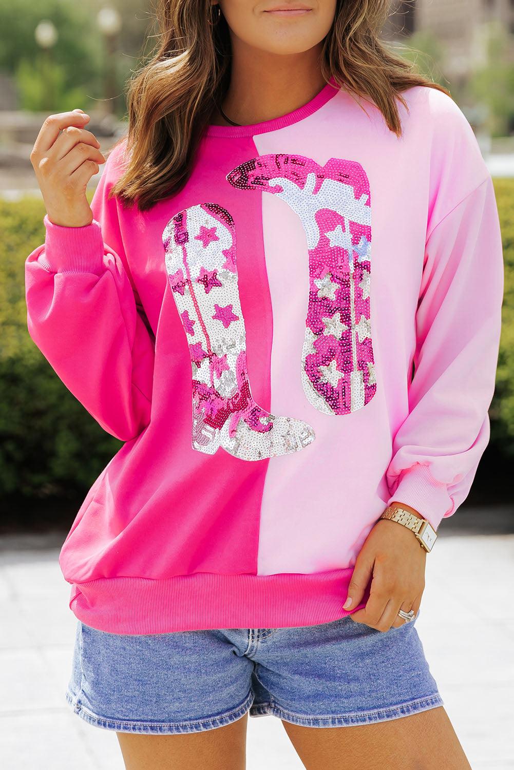 Colour Block Sequined Cowgirl Boots Graphic Sweatshirt | Pink