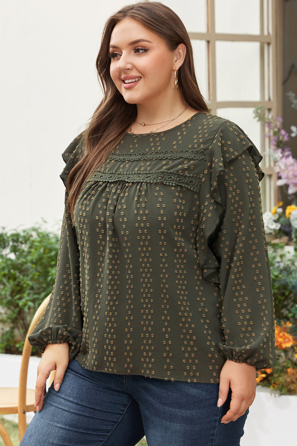 Plus Lace Swiss Dot Ruffle Long Sleeve Top | Mist Green